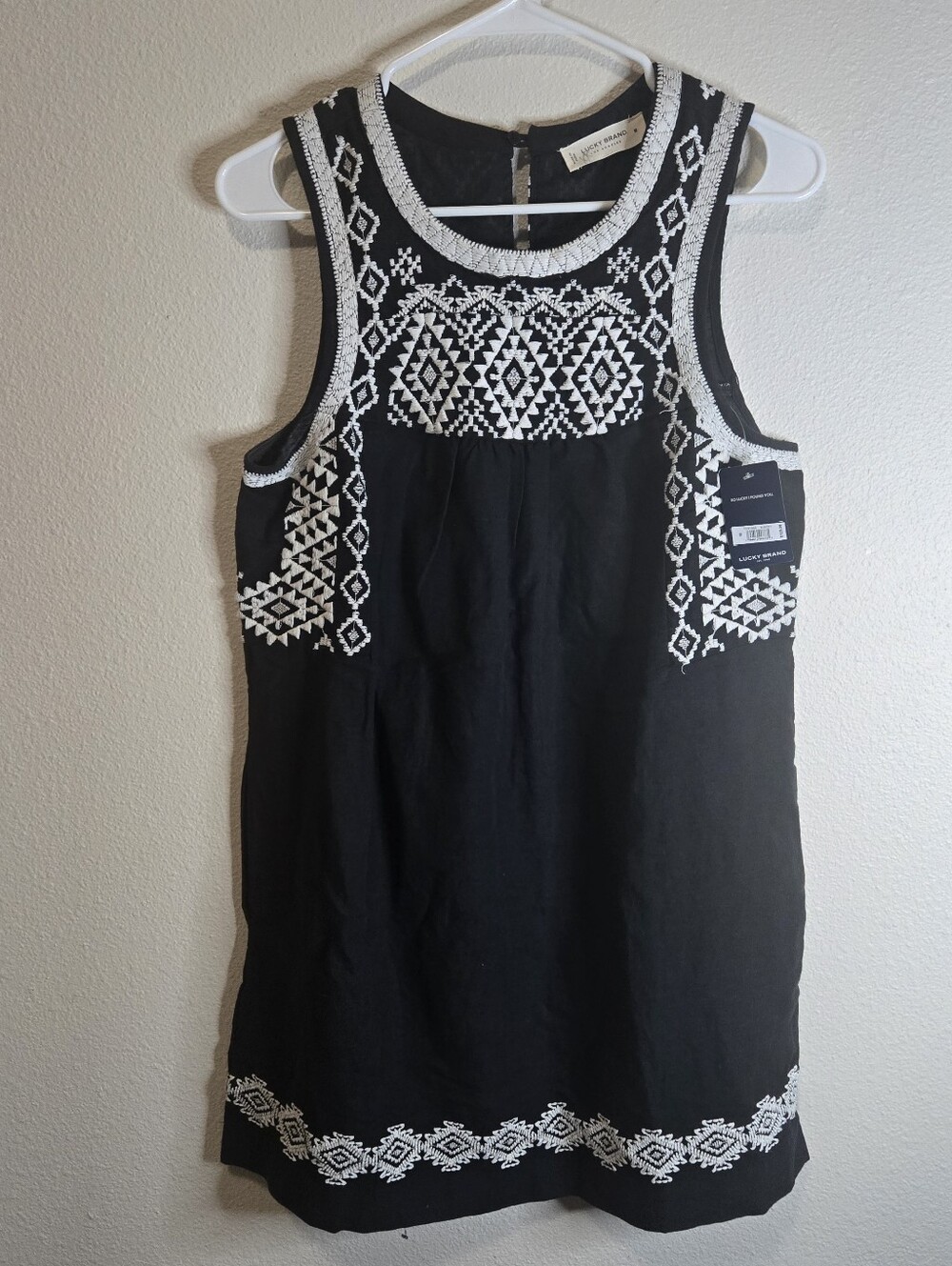 NWT Lucky Brand Black Dress with White Embroidered Trim
